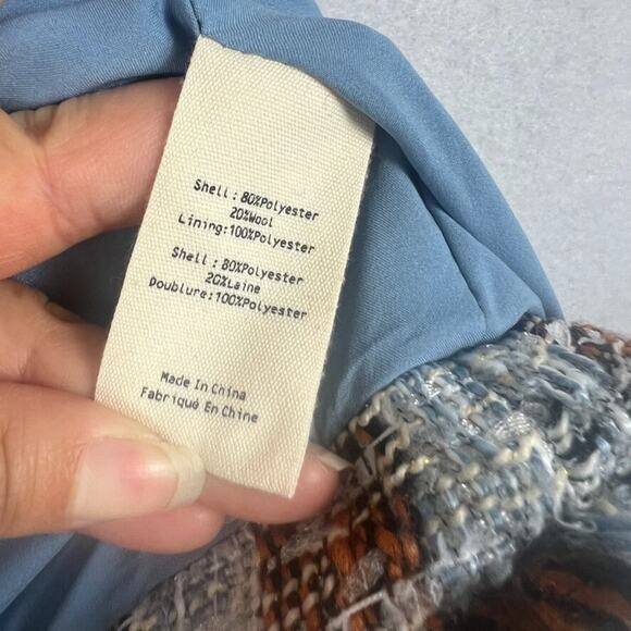 L'AGENCE Women's Size 2 Angelina Fringed Blue And Orange Plaid Tweed Blazer - Picture 4 of 7